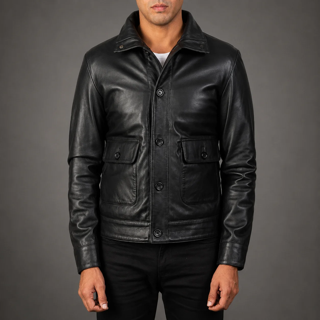 Men's Preston black leather bomber jacket crafted from premium genuine leather featuring a sleek black finish, classic bomber silhouette, ribbed cuffs and hem, durable construction, and timeless everyday style by Jonny N Guys