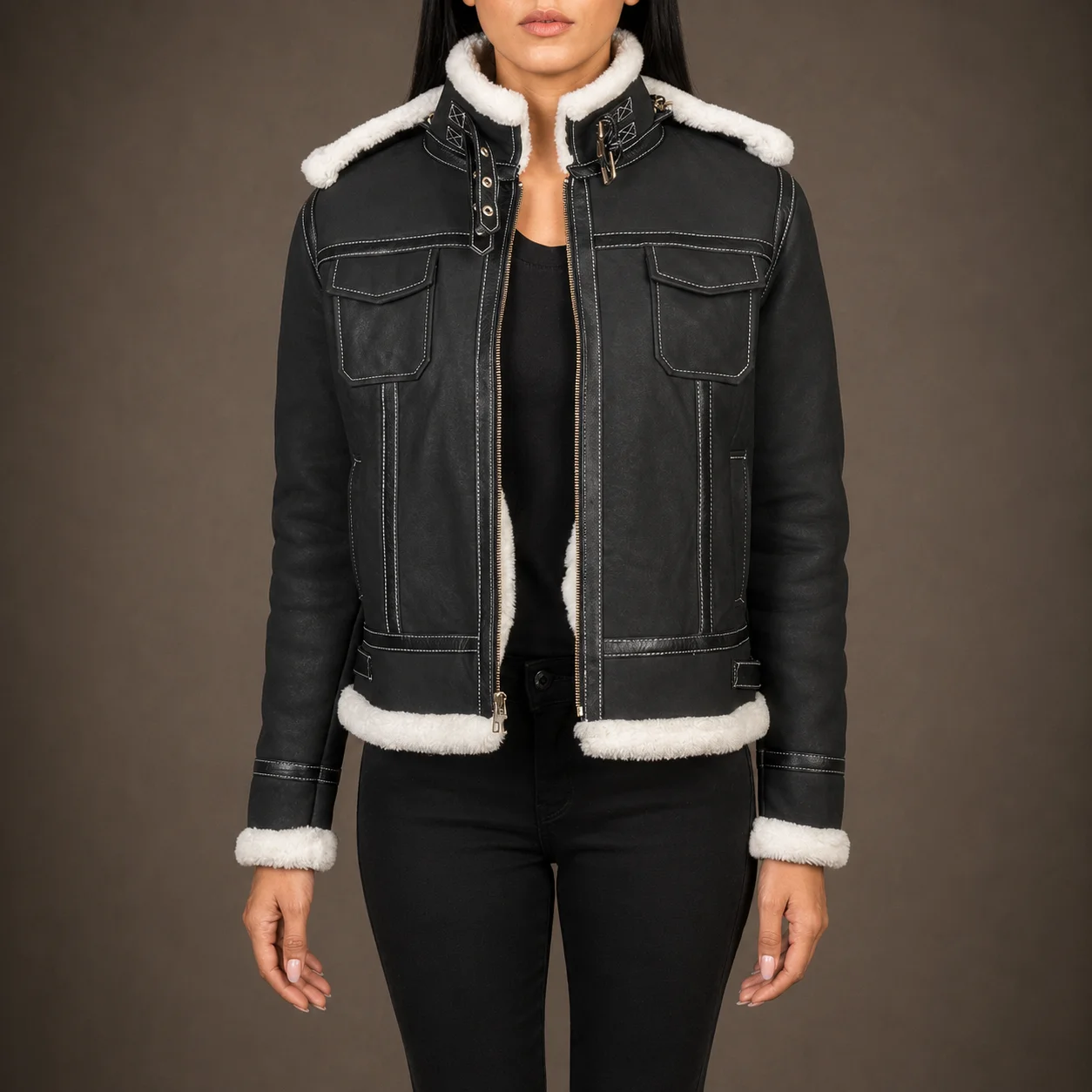 Ravenna women's black hooded sheepskin leather jacket with faux fur lining and removable hood