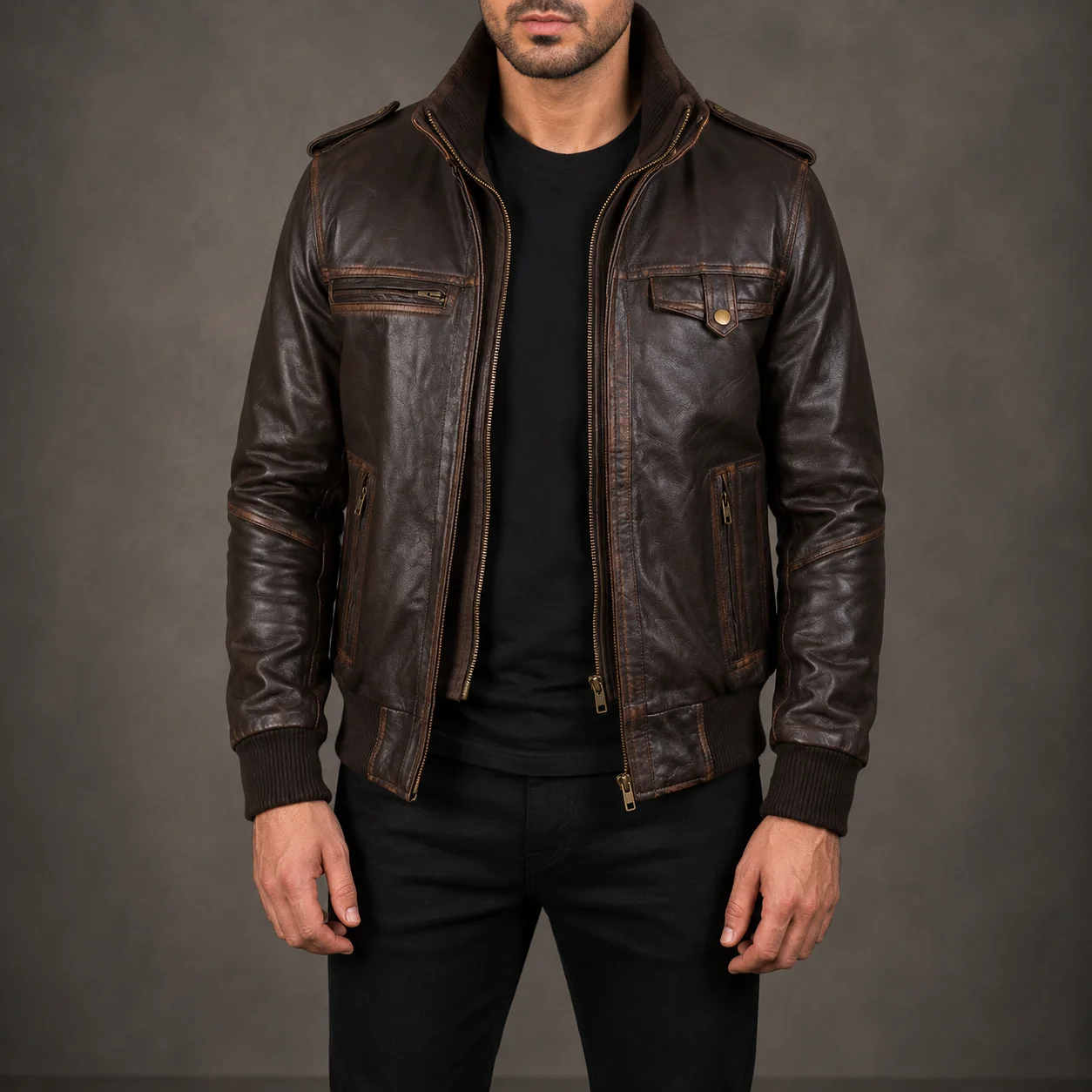 Men's Glen Street brown leather bomber jacket crafted from premium genuine leather featuring a rich brown finish, classic bomber silhouette, ribbed trims, durable construction, and timeless everyday style by Jonny N Guys