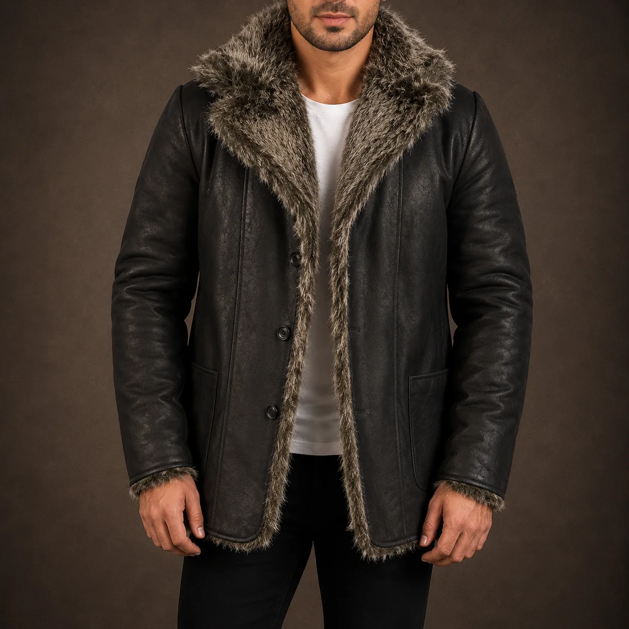 Men’s Furlong Distressed Black Shearling Leather Coat with Faux Fur Lining