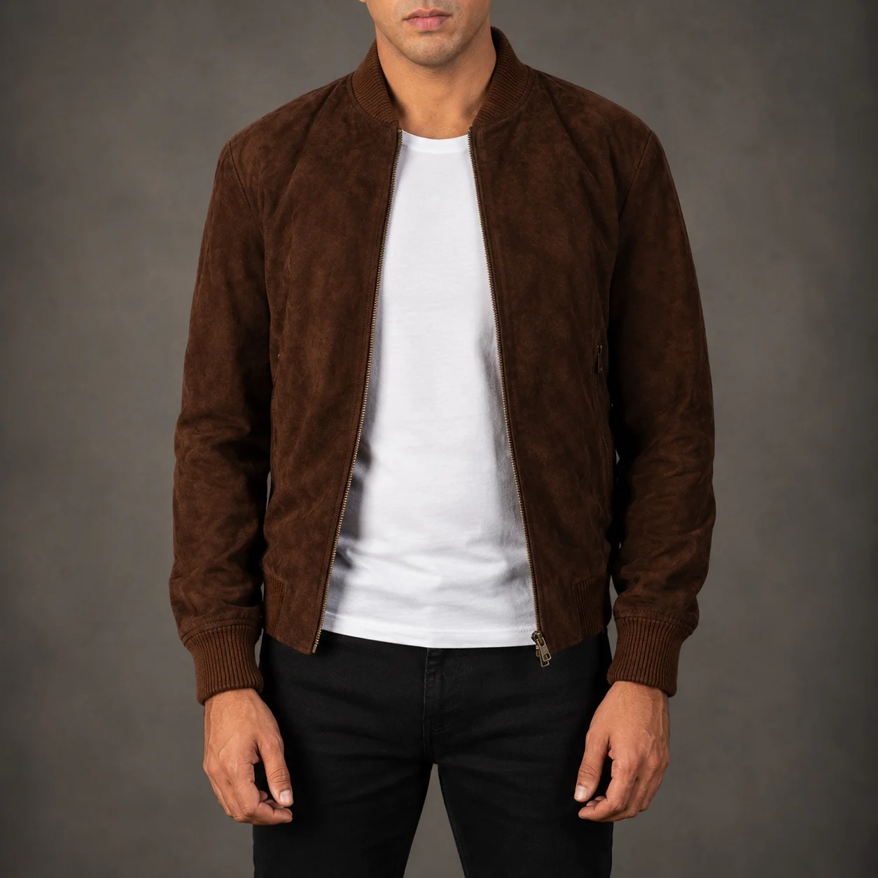 Men's Shane mocha suede bomber jacket crafted from premium suede leather featuring a rich mocha finish, classic bomber silhouette, soft suede texture, ribbed trims, and timeless everyday style by Jonny N Guys