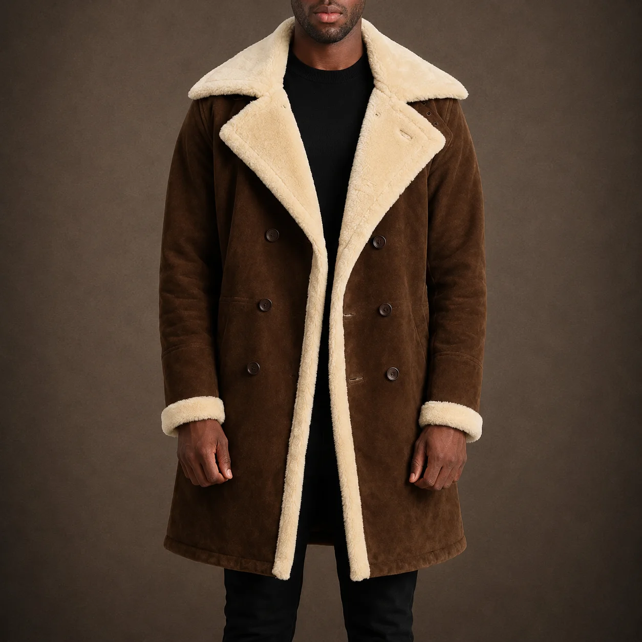 Men’s Charles Brown Suede Shearling Double-Breasted Coat with Faux Fur Lining