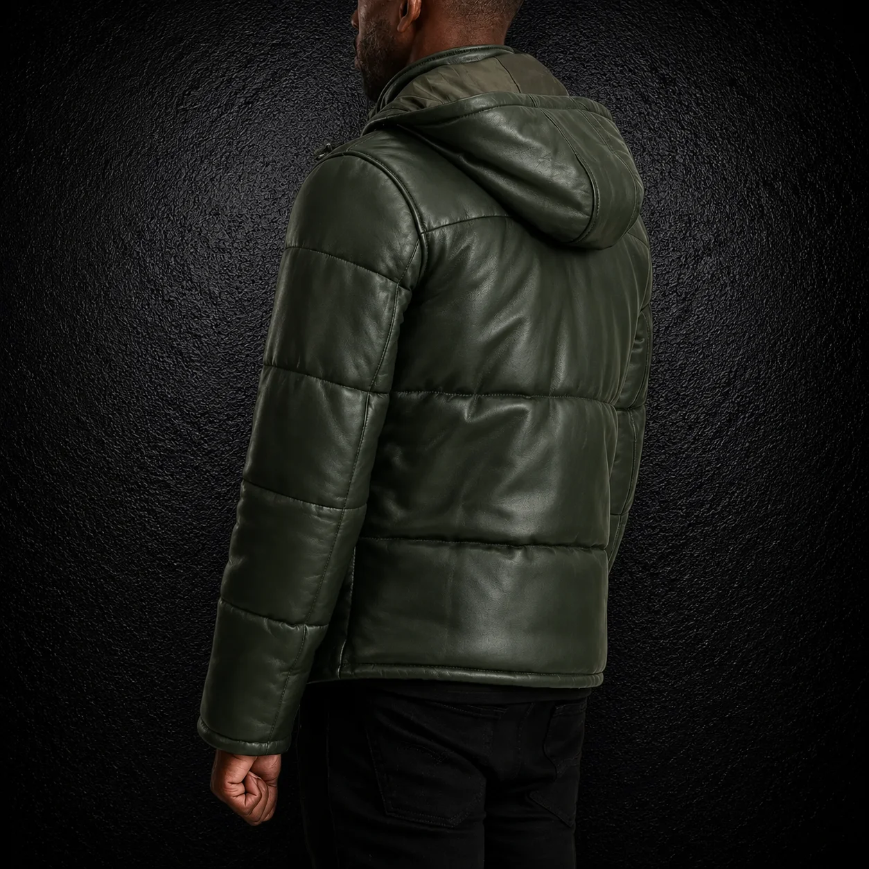 Men's Evergreen Green Hooded Leather Puffer Jacket alternate