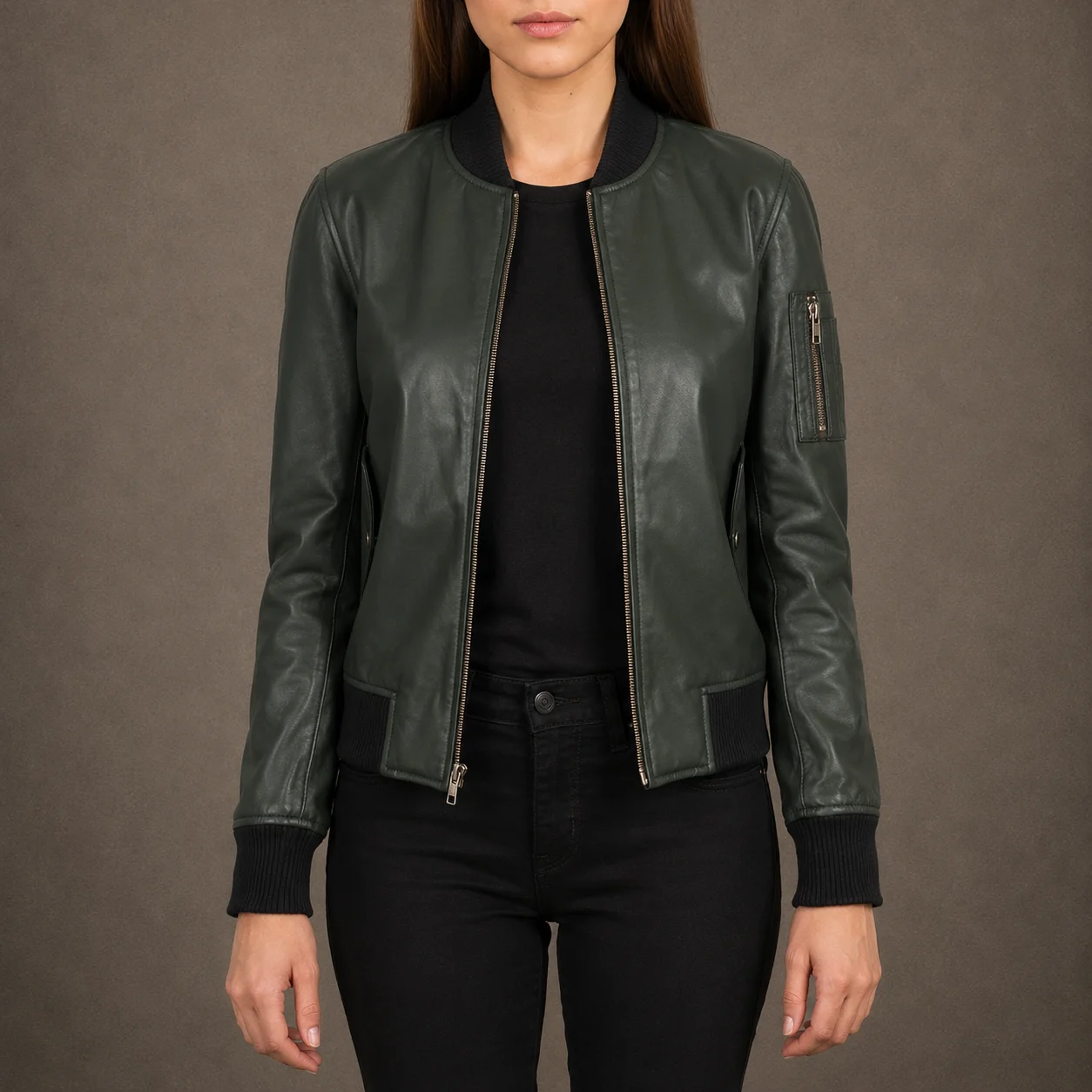 Women’s Ava MA-1 Green Sheepskin Leather Bomber Jacket