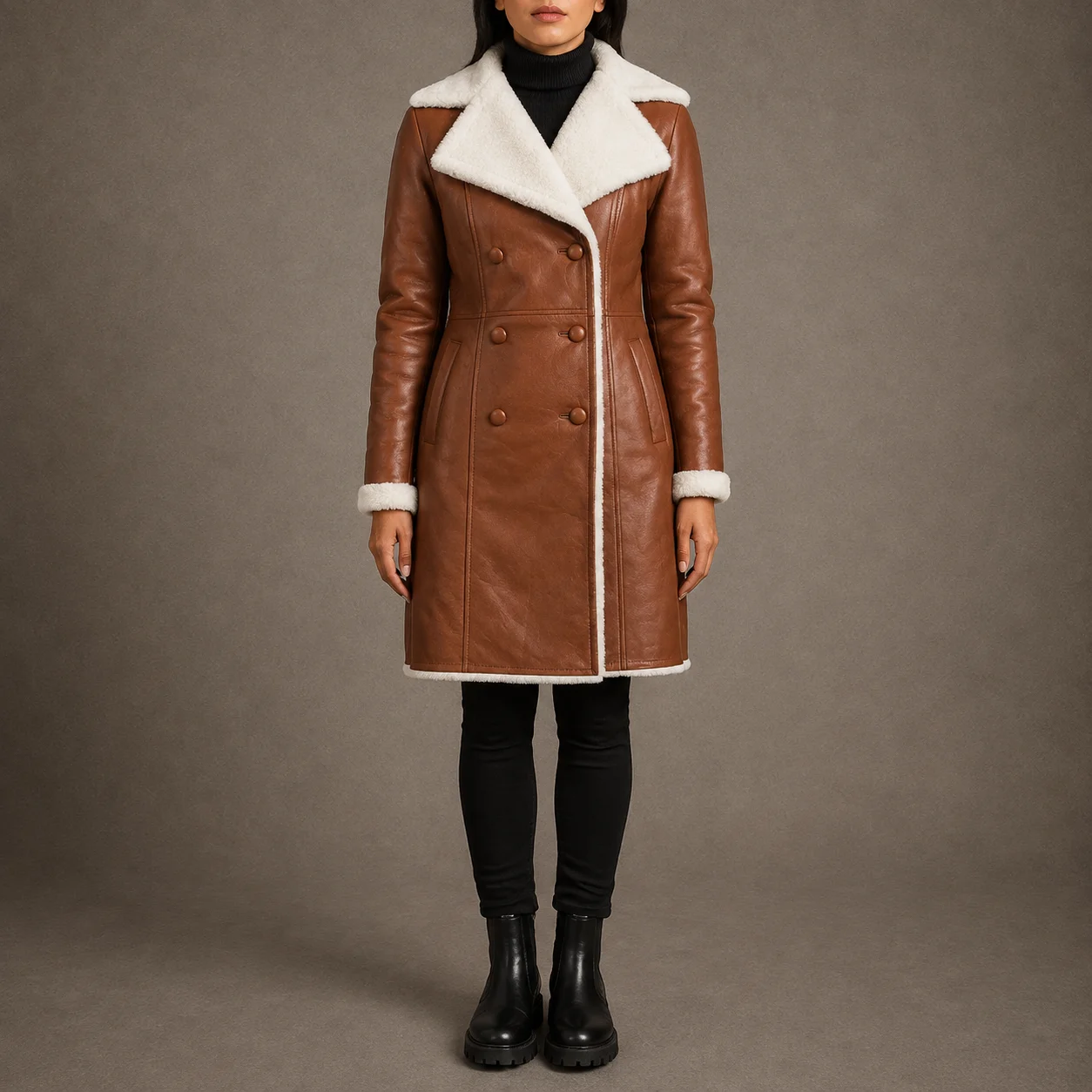 Aurelia women's brown sheepskin leather shearling coat with double-breasted buttons, notch collar and faux fur lining