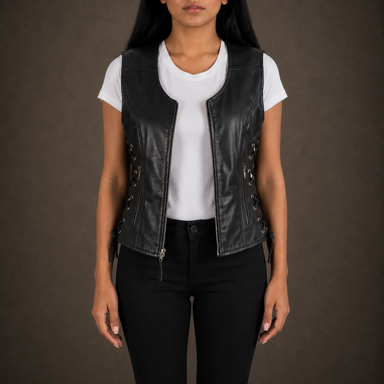 Ravenna Black Goatskin Leather Biker Vest with V-Neck and Adjustable Side Laces