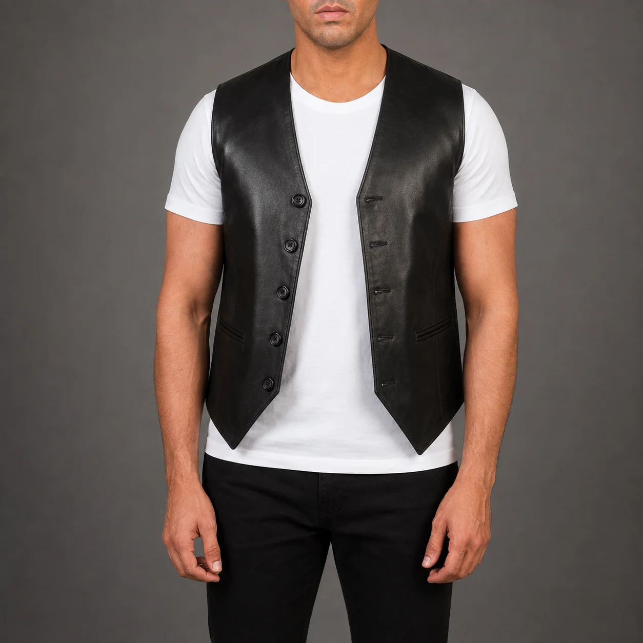 Men's Alden black leather vest crafted from premium genuine leather featuring a sleek black finish, classic sleeveless silhouette, durable construction, comfortable tailored fit, and timeless everyday style by Jonny N Guys