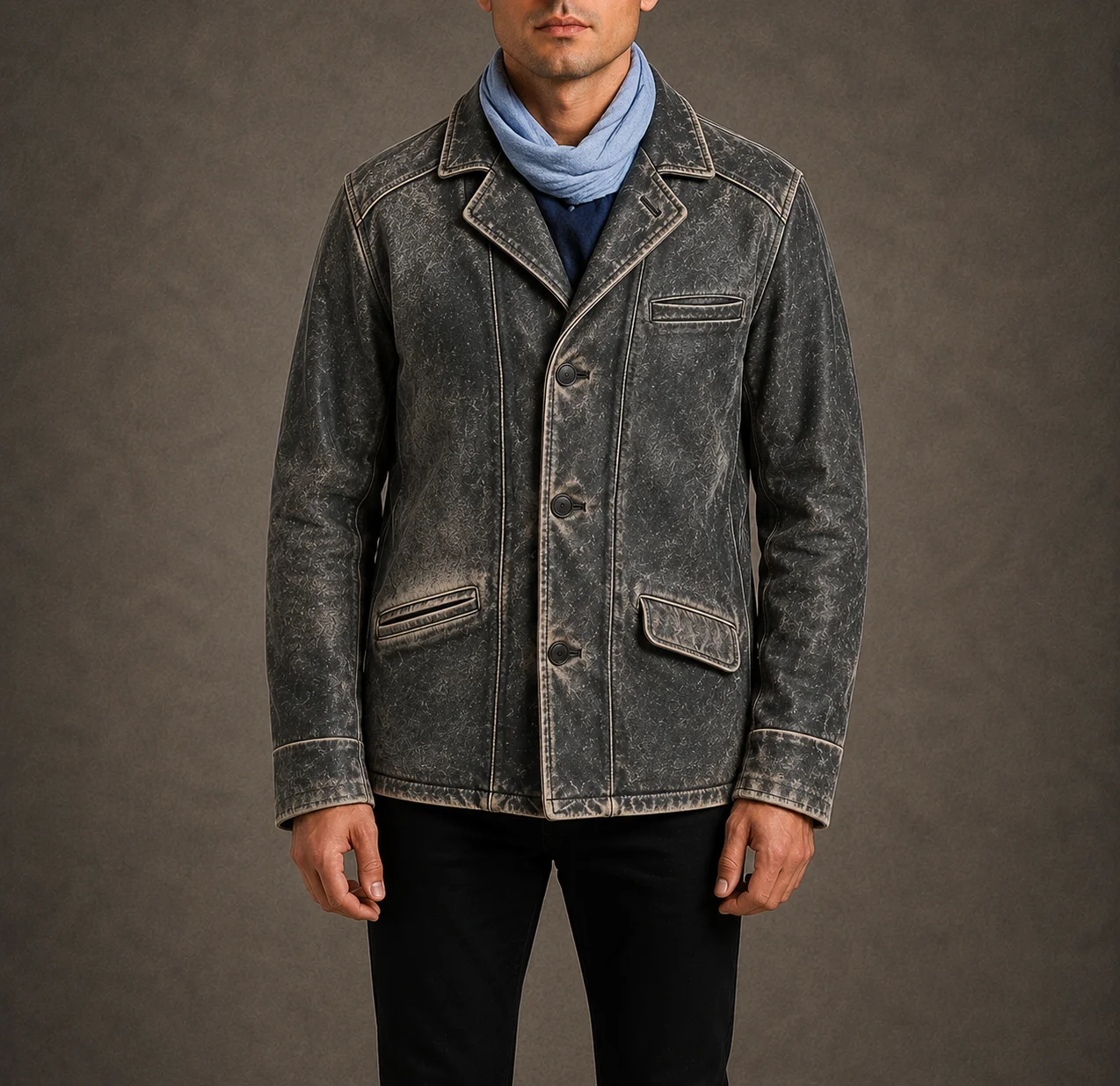 Anthony Bourdain Leather Jacket front view in distressed black real leather