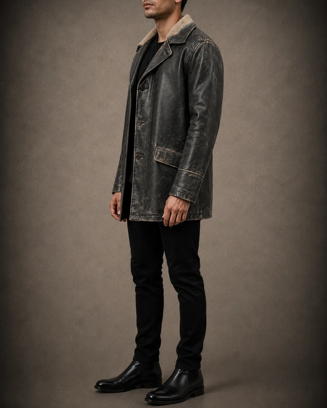 Anthony Bourdain Leather Jacket side profile with distressed black leather finish
