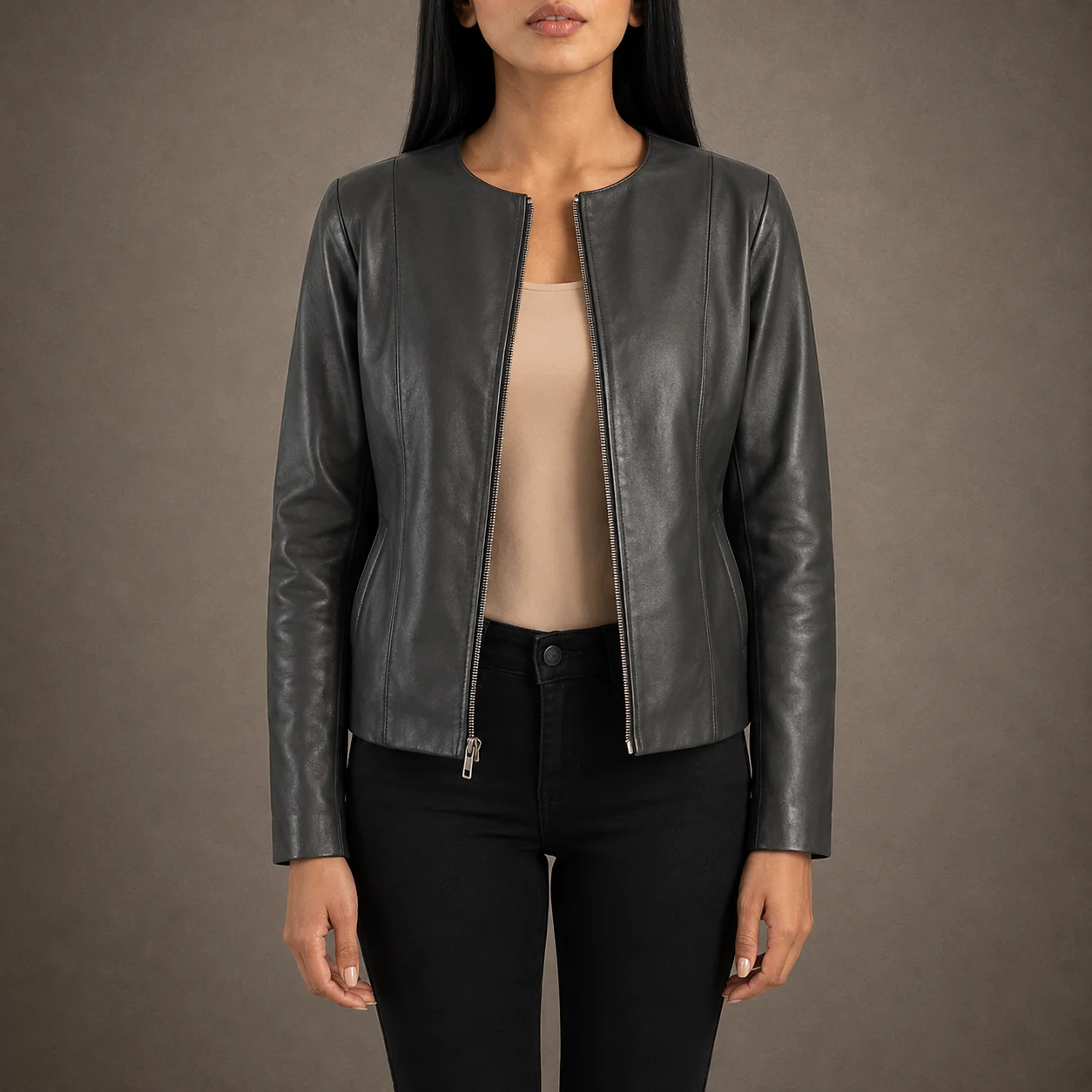 Arden women's black collarless real sheepskin leather jacket with zipper closure