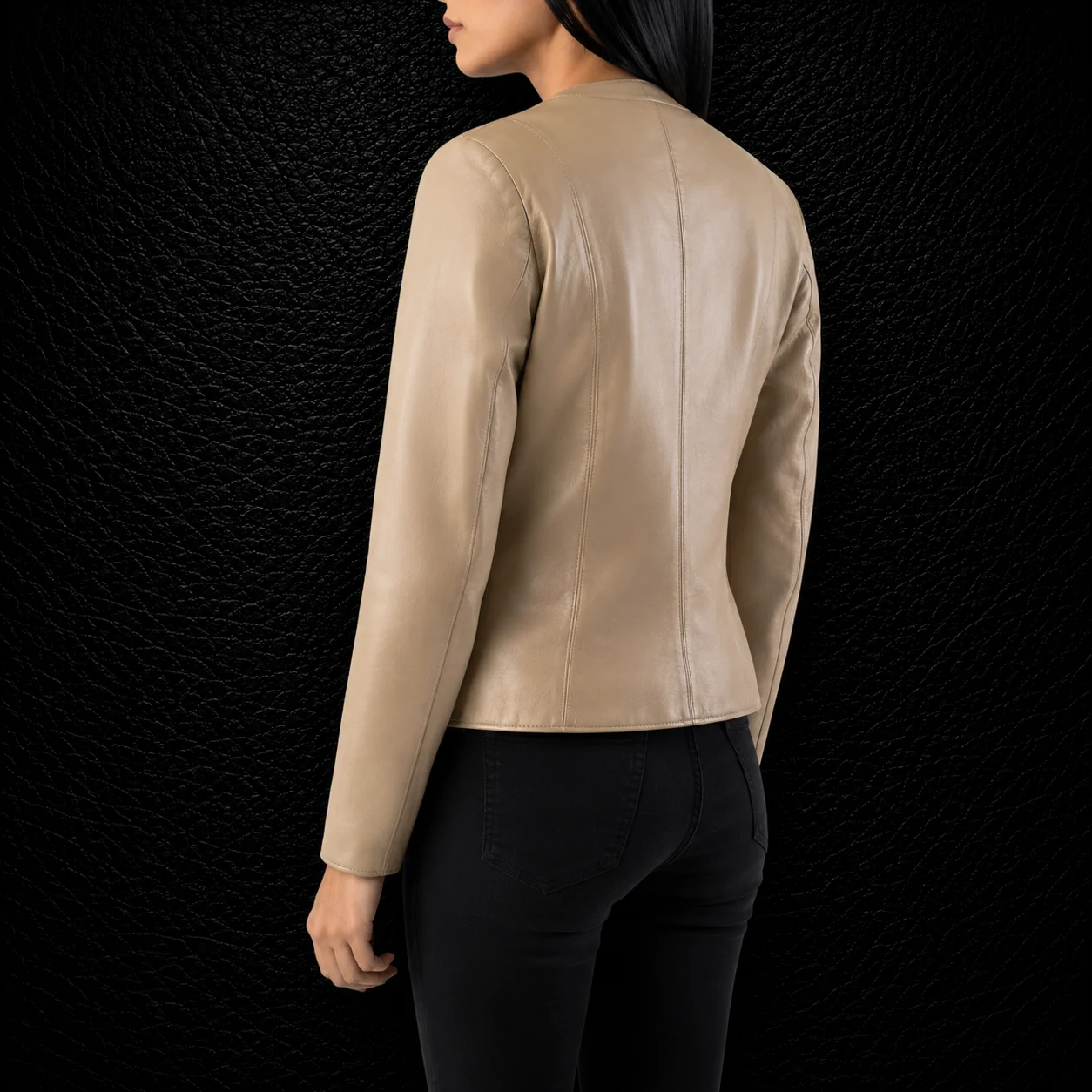 Aurelia Beige Collarless Leather Jacket alternate