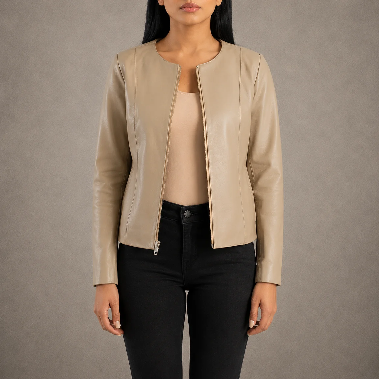 Aurelia women’s beige genuine sheepskin collarless leather jacket with front zipper