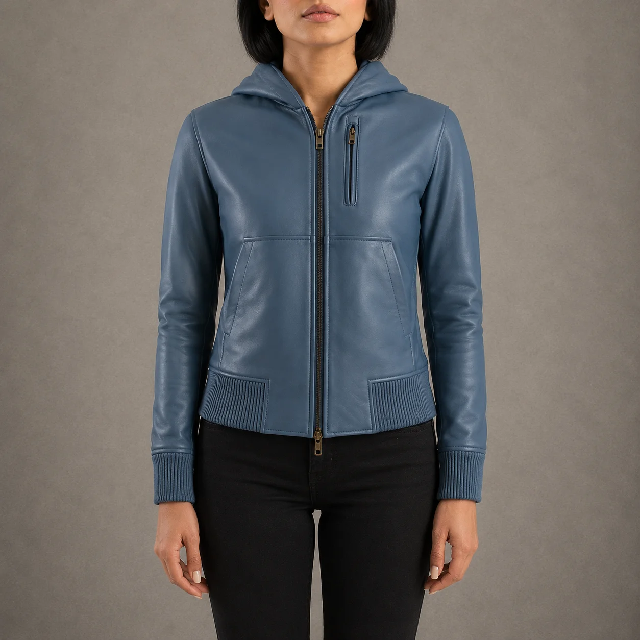 Aveline women’s blue genuine sheepskin hooded leather bomber jacket with fleece lining