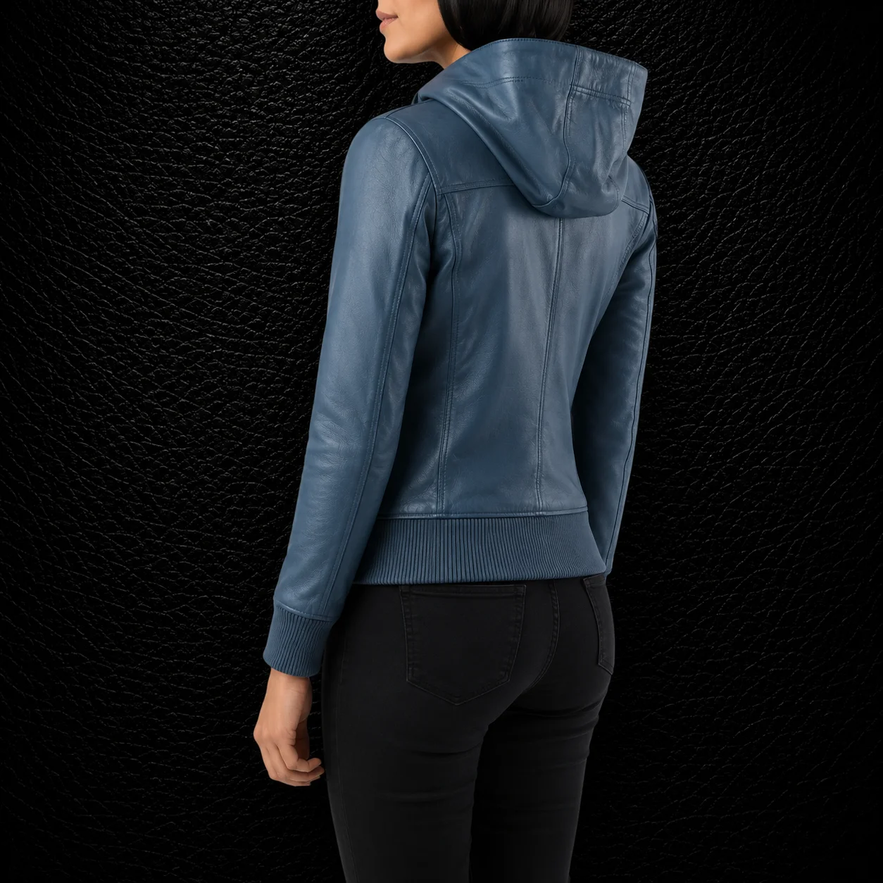 Aveline Blue Hooded Leather Bomber Jacket alternate
