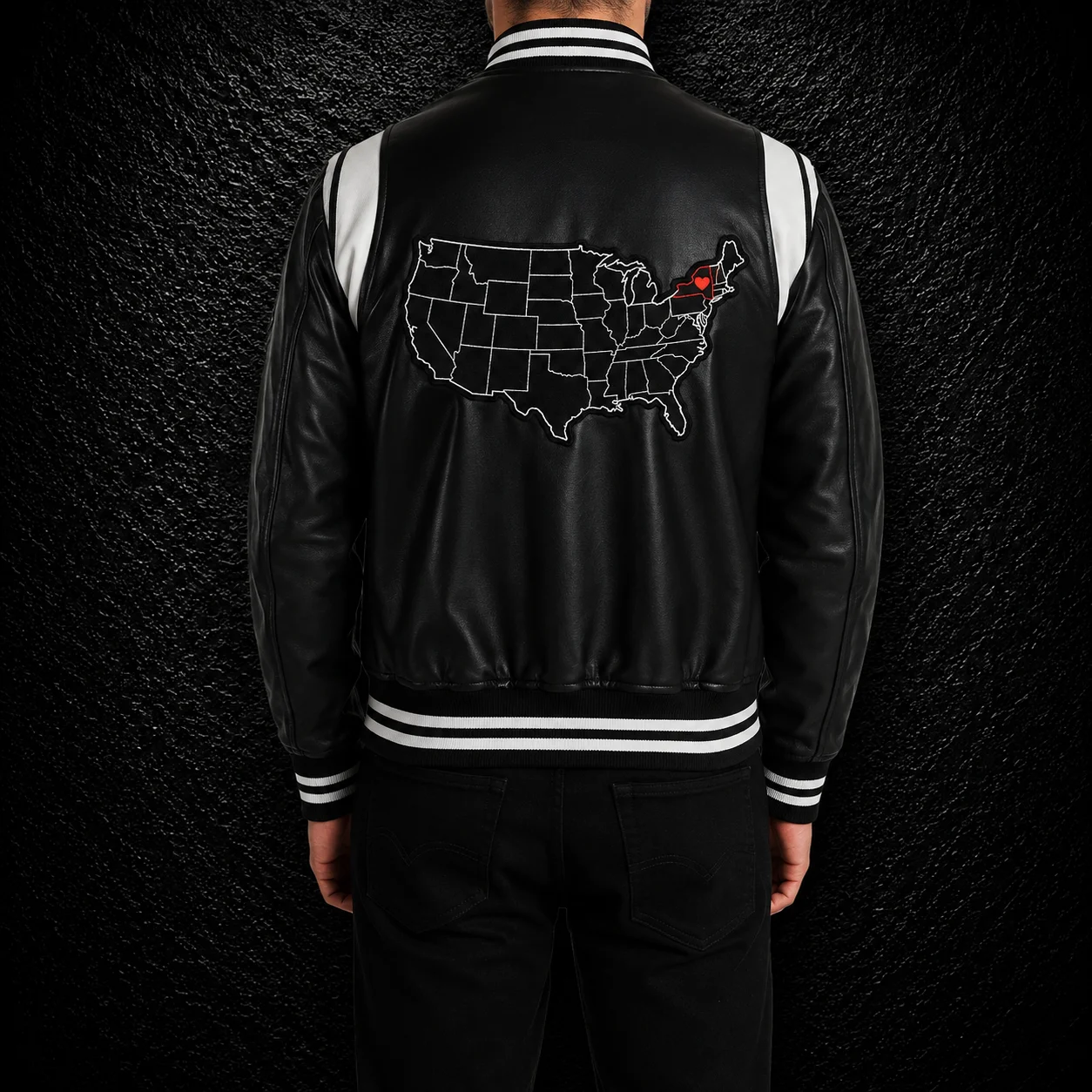 Men's Empire State Black & White Leather Varsity Jacket alternate