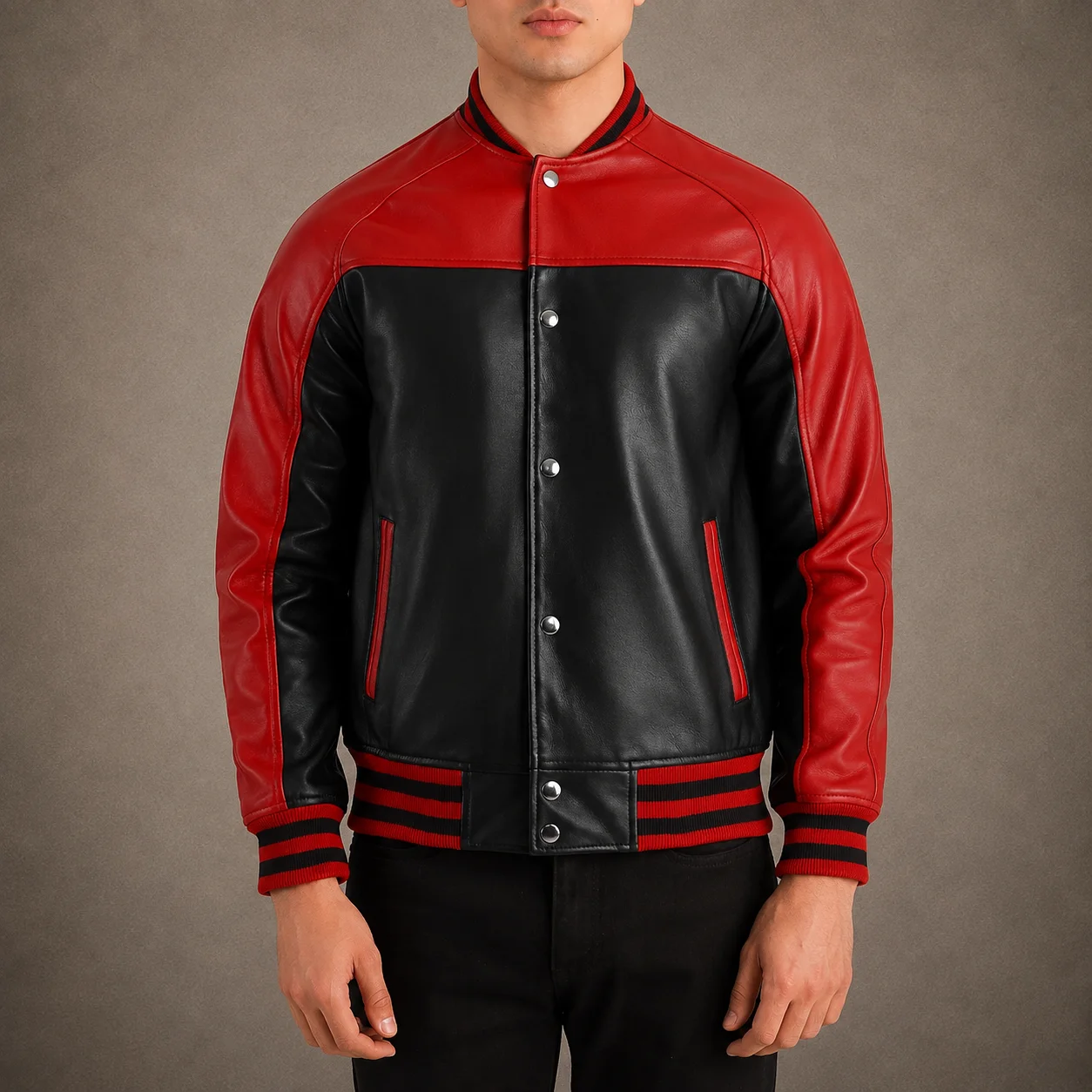 Men's Maverick Black & Red Leather Varsity Jacket