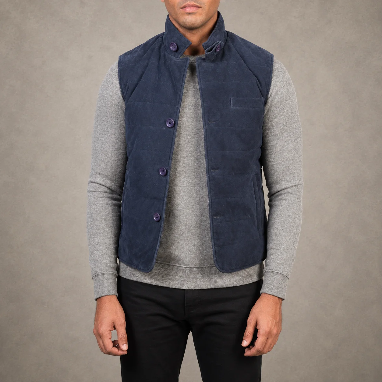 Men's Ashton blue suede vest crafted from premium suede leather featuring a refined blue finish, classic sleeveless silhouette, soft suede texture, durable construction, comfortable tailored fit, and timeless everyday style by Jonny N Guys