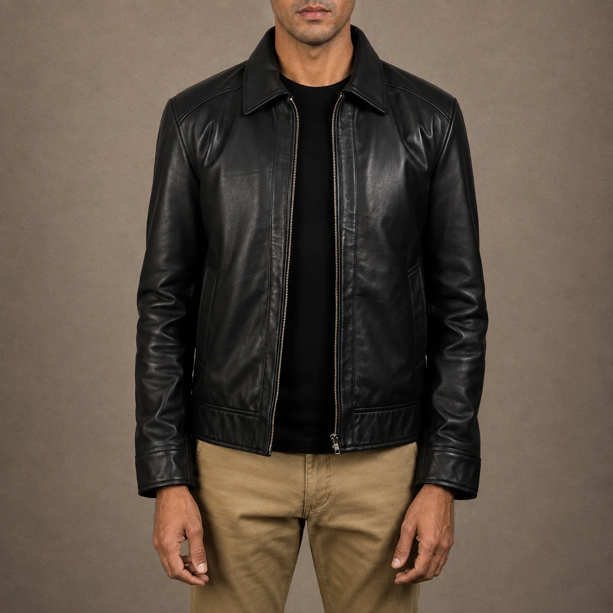 Men's Striker Black Sheepskin Leather Jacket with Shirt Collar