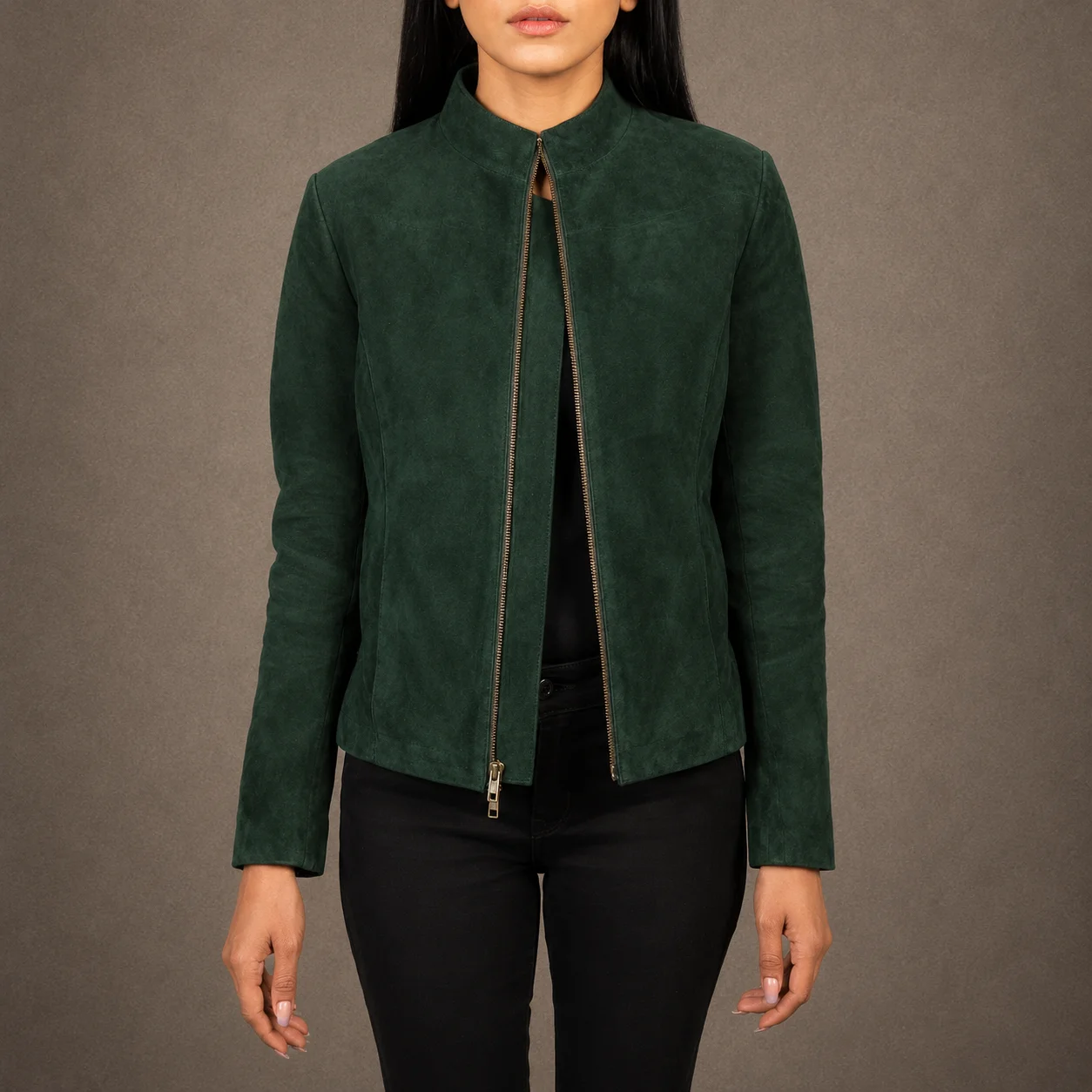 Women’s Rumella Green Goatskin Suede Biker Jacket