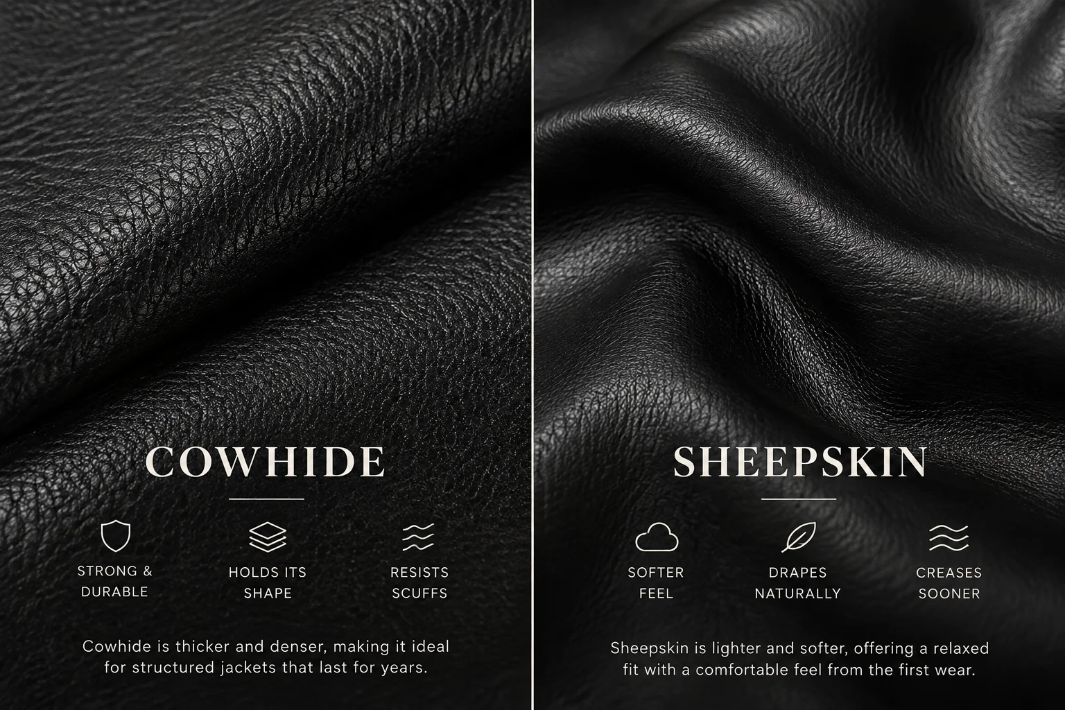 Close-up of black cowhide and black sheepskin leather grain side by side