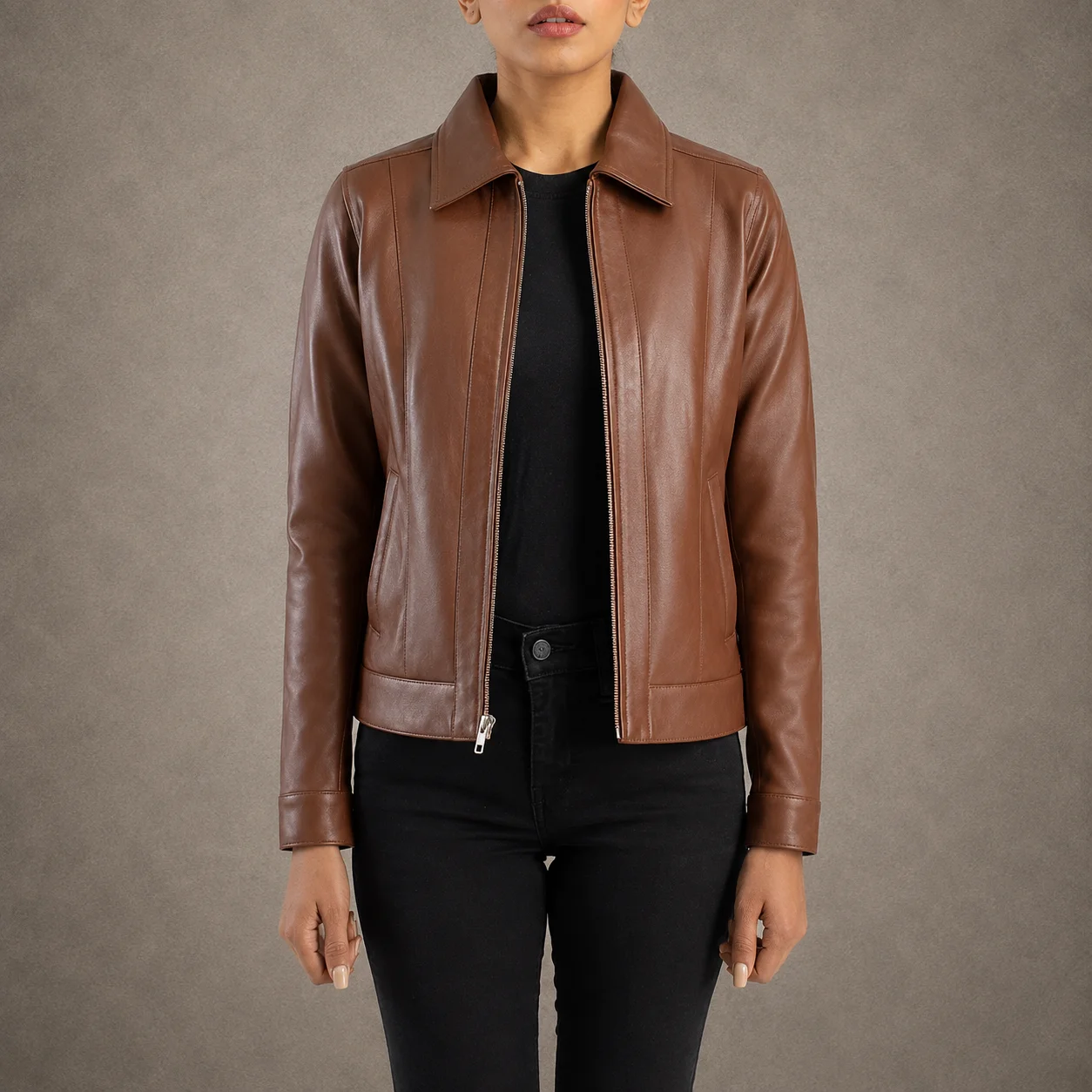 Brielle Brown Classic Collar Leather Jacket