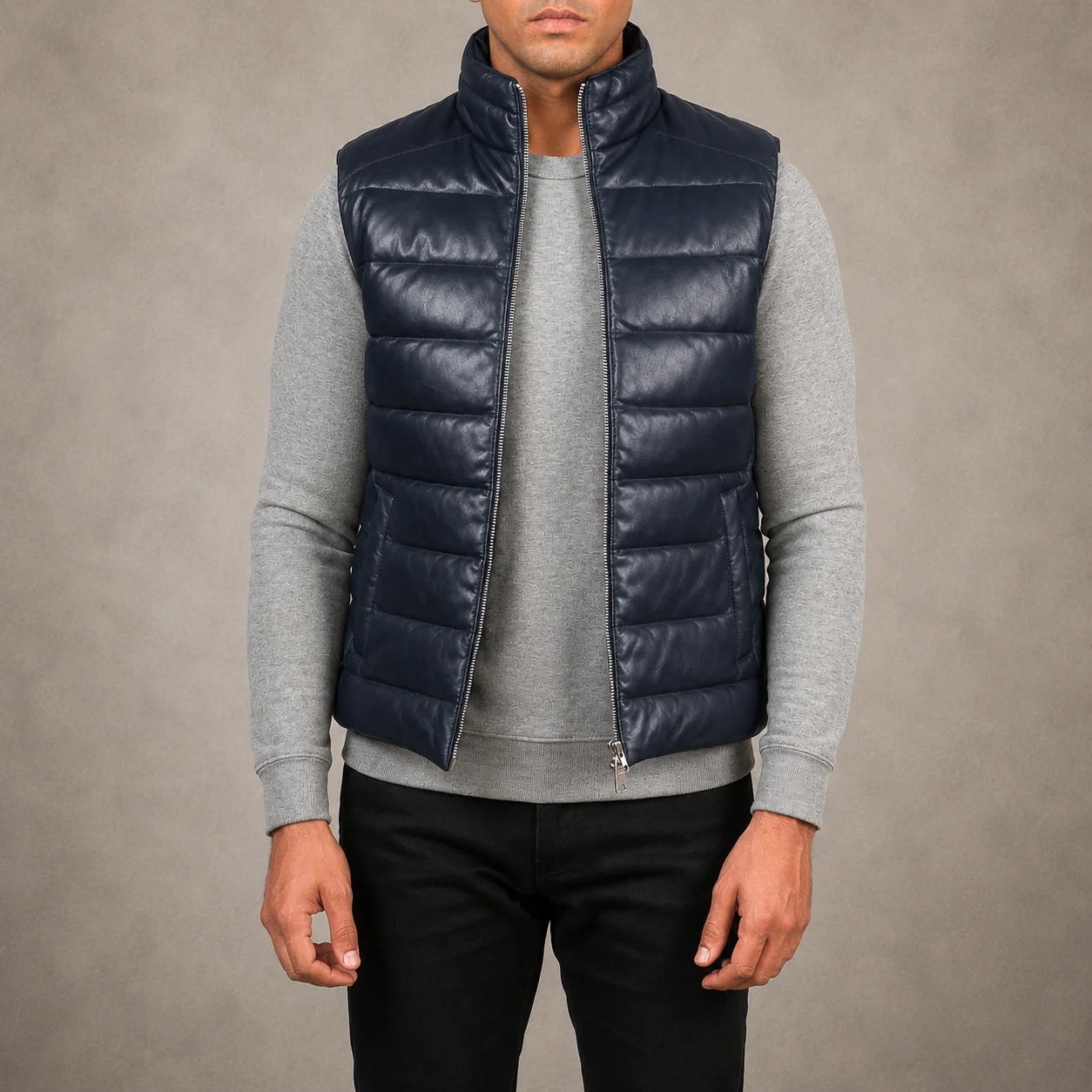 Men's Emerson blue leather puffer vest crafted from premium genuine leather featuring a refined blue finish, lightweight quilted insulation, modern sleeveless design, durable construction, and stylish everyday winter wear by Jonny N Guys