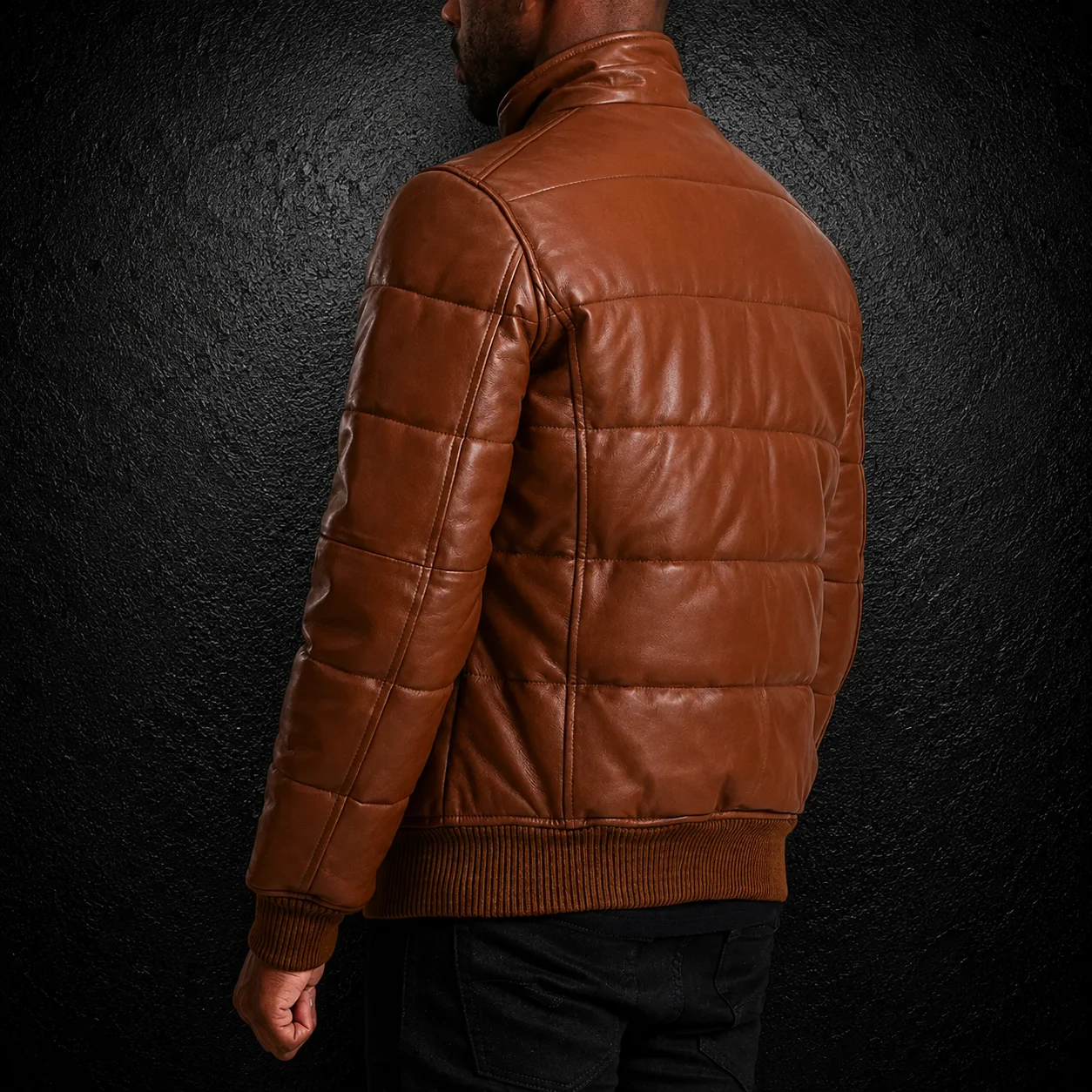 Men's Ember Brown Leather Puffer Bomber Jacket alternate