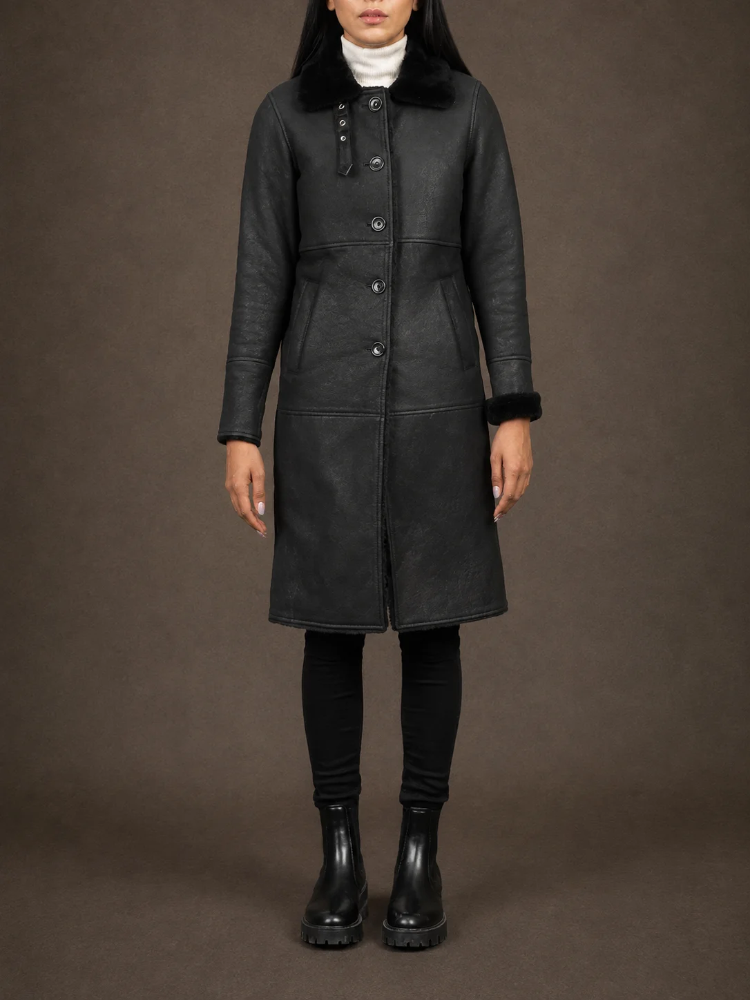 Sable women's distressed black sheepskin leather coat with buckled collar and faux fur lining
