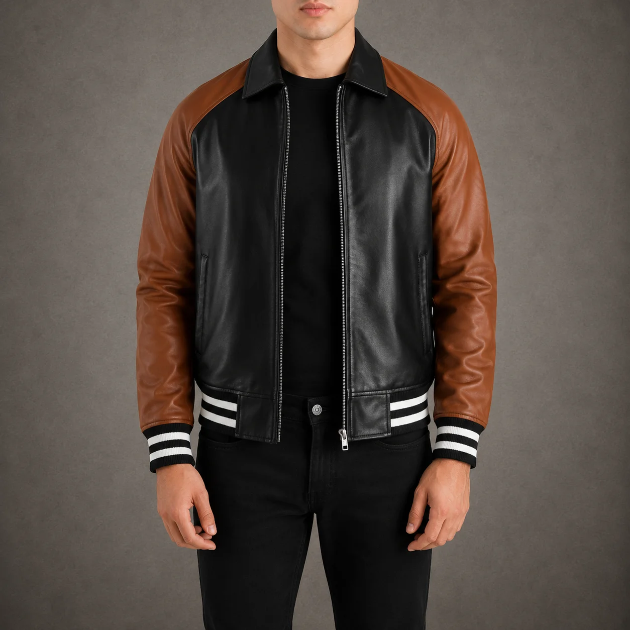 Men's Dual-Tone Black and Brown Leather Varsity Jacket