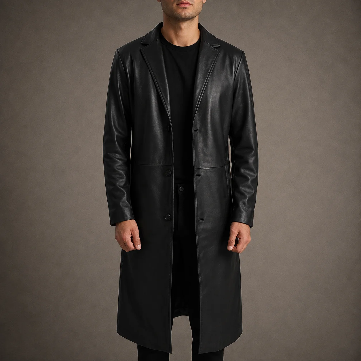 Men's Camden black cowhide leather single breasted coat with notch collar and button closure