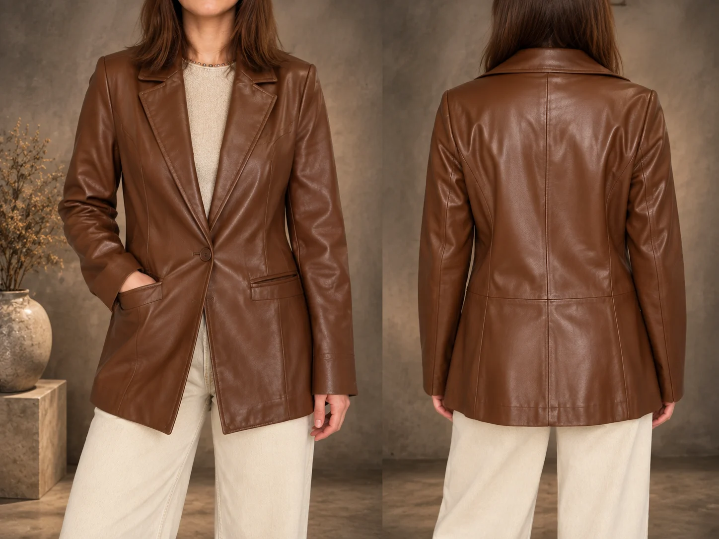 Front and back view of a caramel brown Nappa lamb leather blazer showing lapel, button closure, welt pockets and panel construction