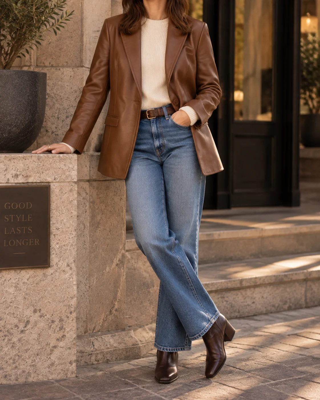 Woman styling a caramel brown Nappa lamb leather jacket with a cream knit top, blue denim jeans and brown boots