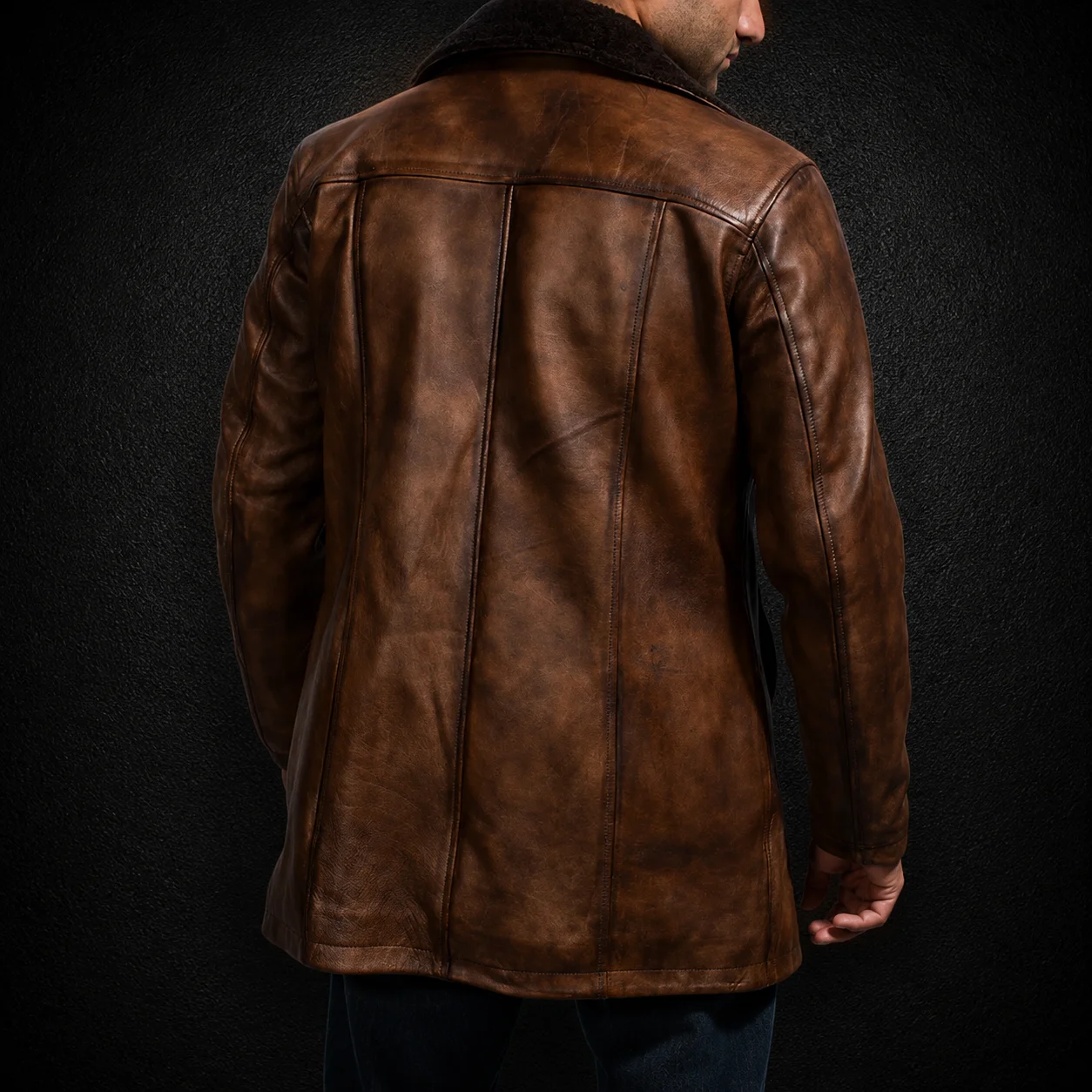 Men’s Cinnamon Distressed Brown Fur-Lined Leather Coat alternate
