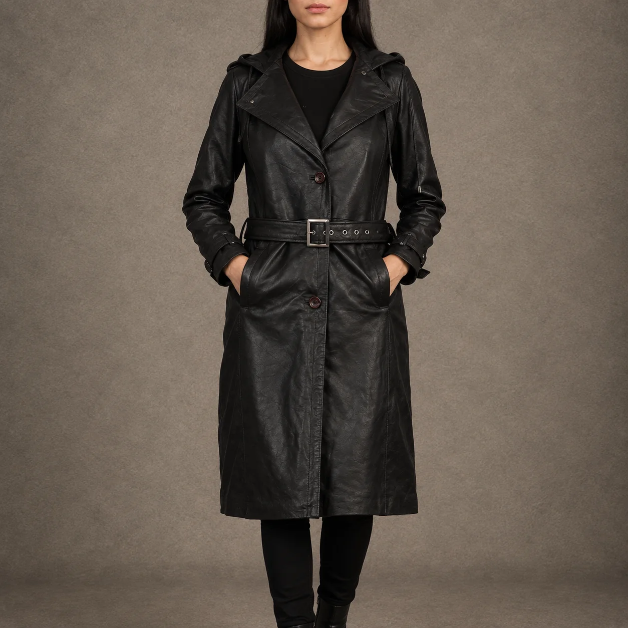 Marlowe women's hooded brown leather trench coat with waist belt
