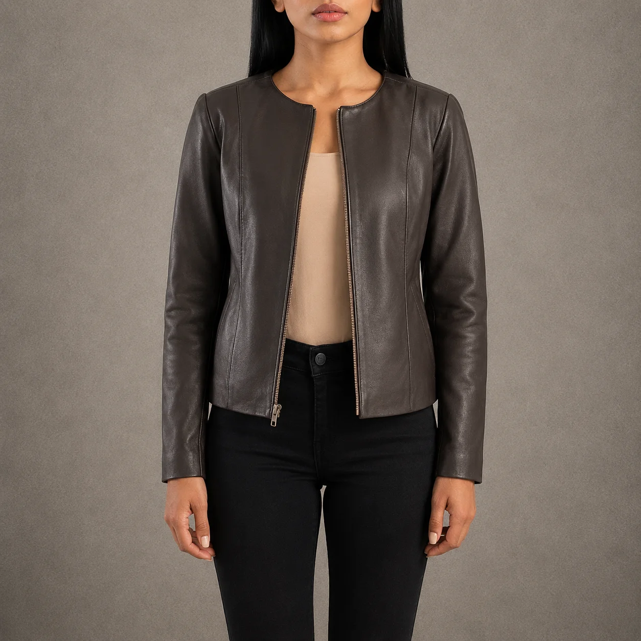 Celine Brown Collarless Leather Jacket