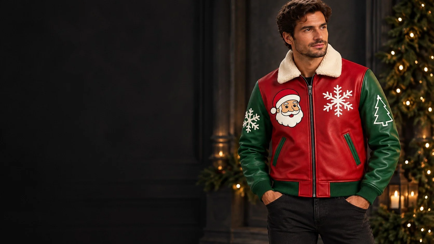 Model wearing a red-and-green Christmas bomber jacket in a dark festive editorial setting