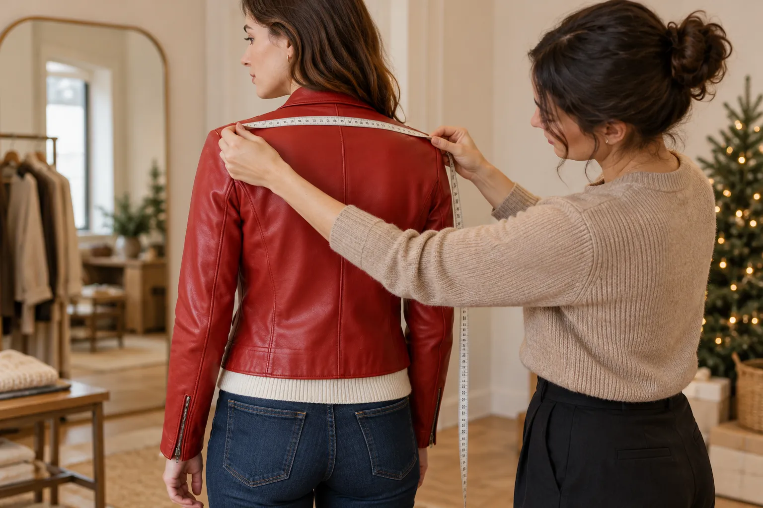Fitting assistant measuring across the shoulders of a red leather jacket worn over a cream knit.