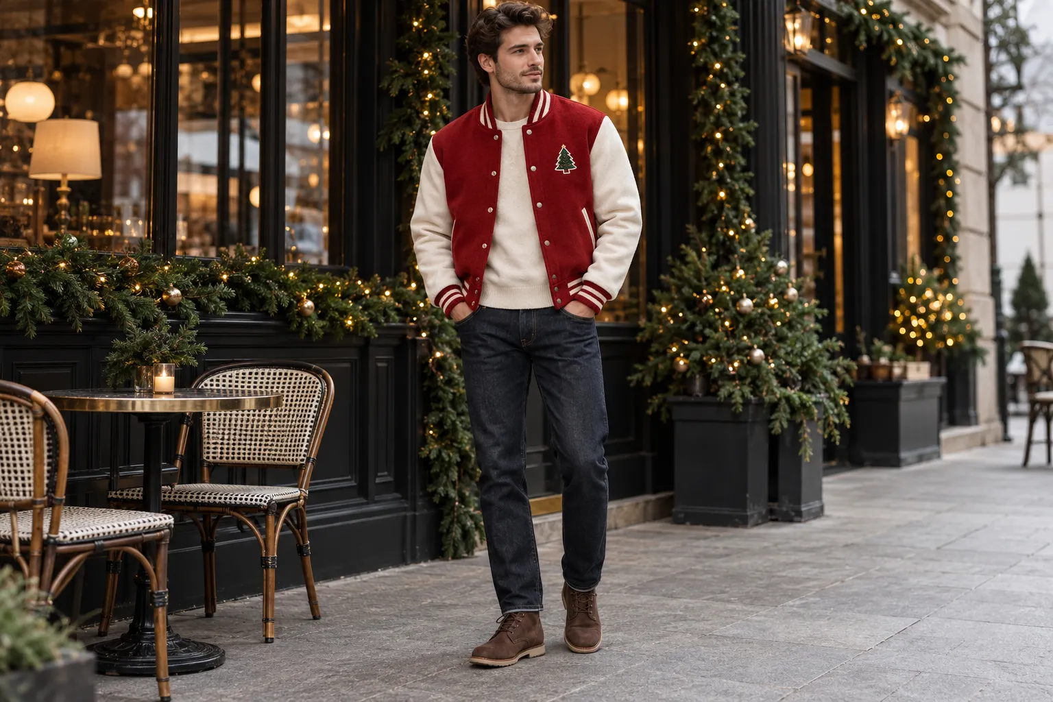 Man wearing a red-and-cream Christmas varsity jacket with dark jeans and brown boots outside a decorated caf&eacute;.