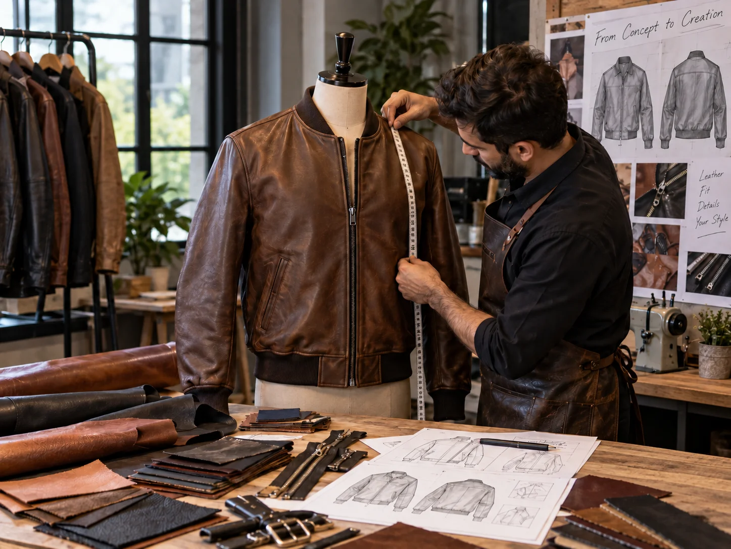 Custom leather bomber jacket design with measurements, leather samples and manufacturing details