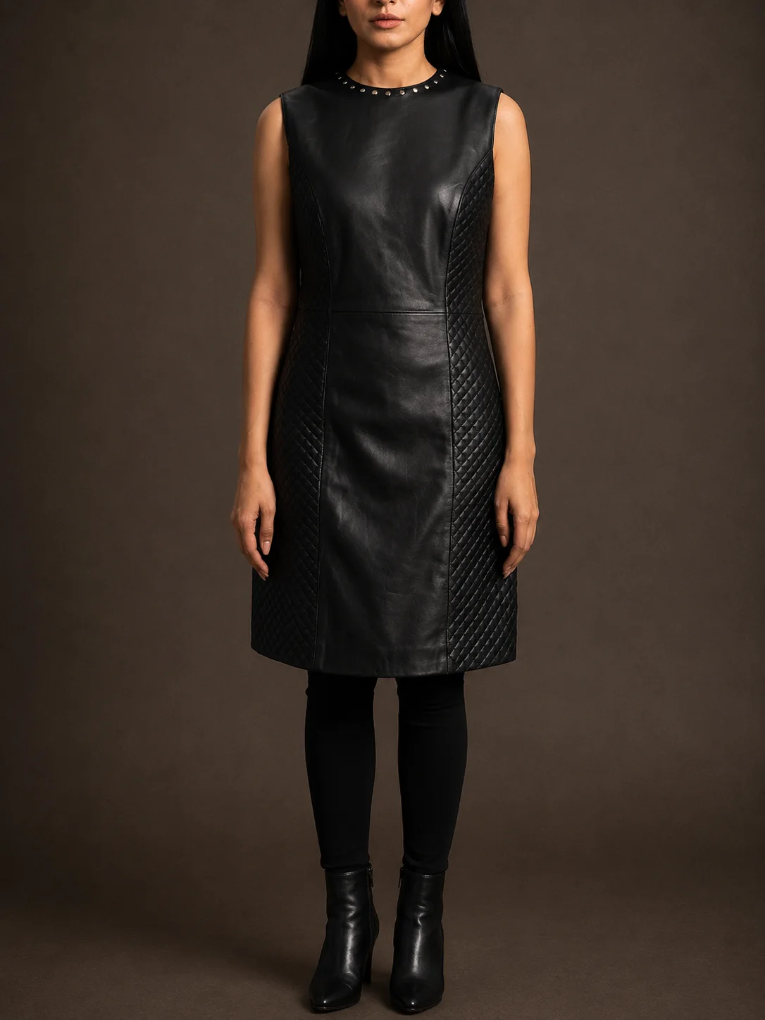 Noiré women's black genuine sheepskin leather dress with sleek silhouette and back zipper closure