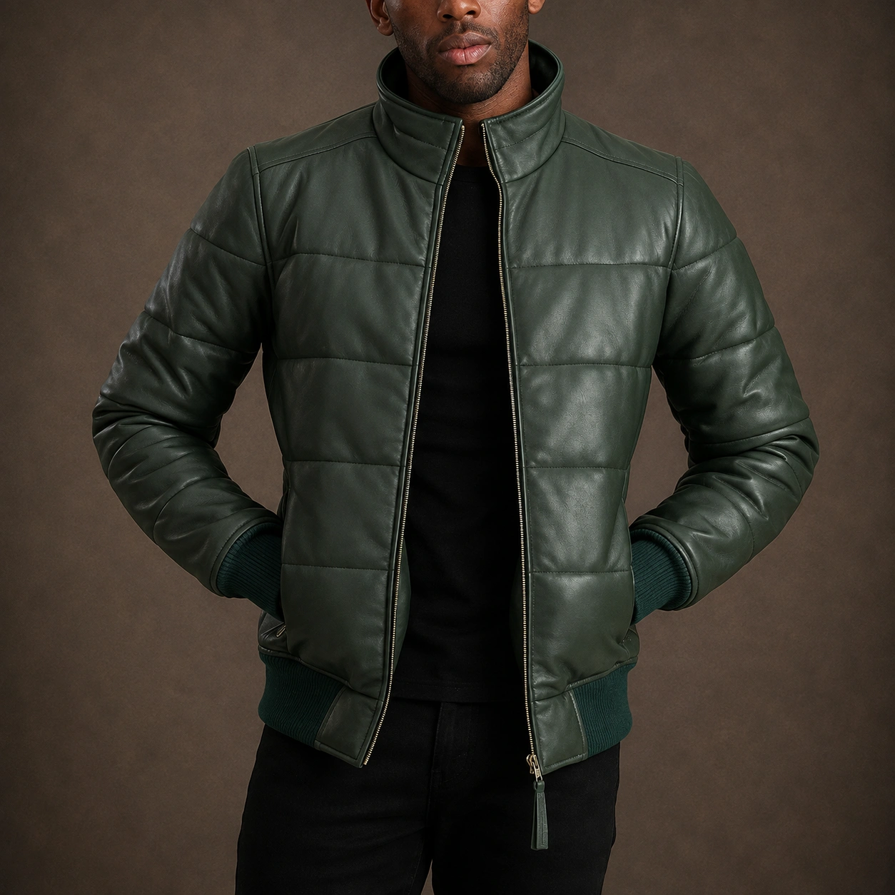 Men's Ryder Green Sheepskin Leather Puffer Bomber Jacket
