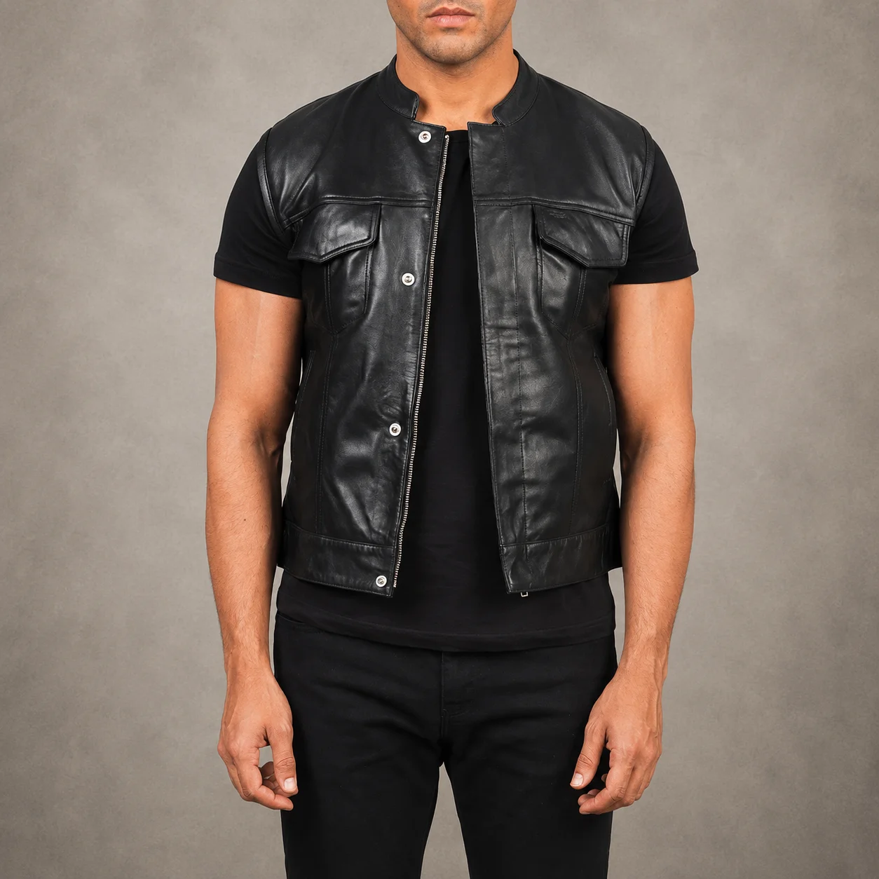 Men's Sterling Moto black leather vest crafted from premium genuine leather featuring a sleek black finish, classic motorcycle-inspired sleeveless design, durable construction, tailored fit, and timeless biker style by Jonny N Guys