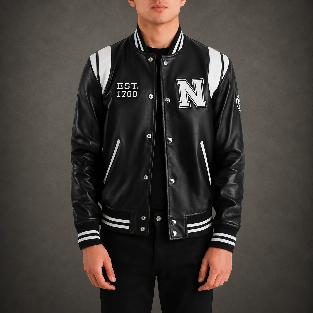 Men's Empire State New York Black and White Leather Varsity Jacket