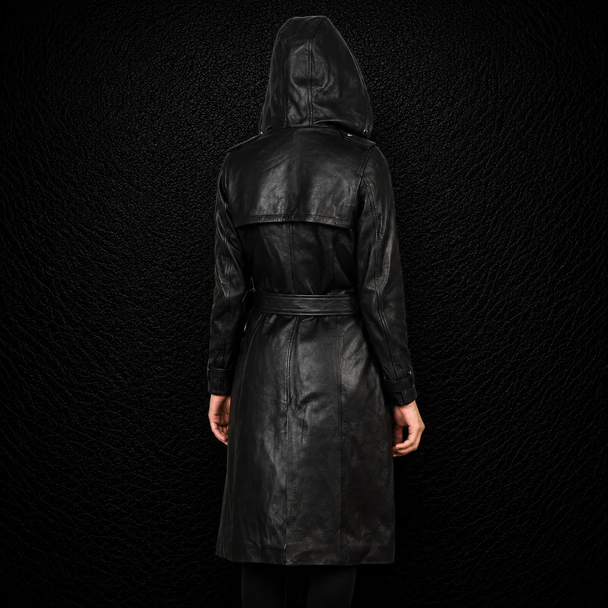 Marlowe Hooded Black Leather Trench Coat alternate