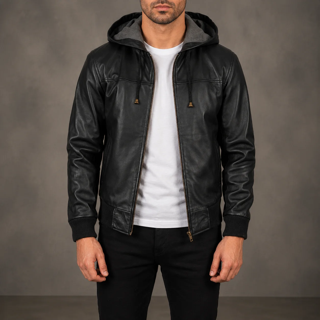 Nintenzo Black Hooded Leather Bomber Jacket