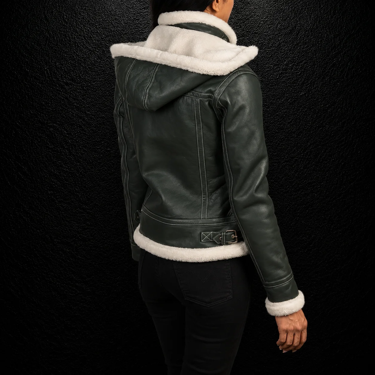 Everly Green Hooded Shearling Leather Jacket alternate