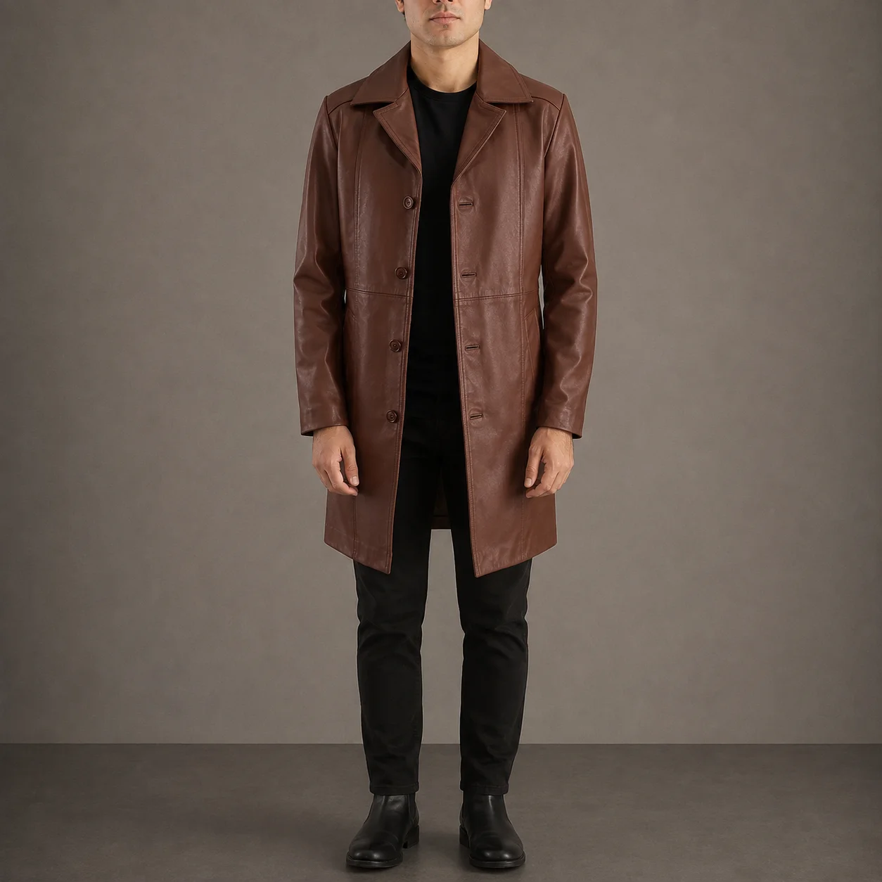 Dawson men's long brown cowhide leather coat with button closure and notch collar