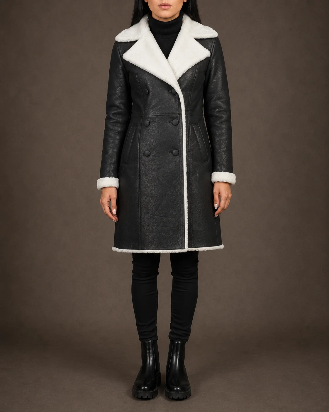 Nyra women's black double breasted sheepskin leather coat with faux fur lining