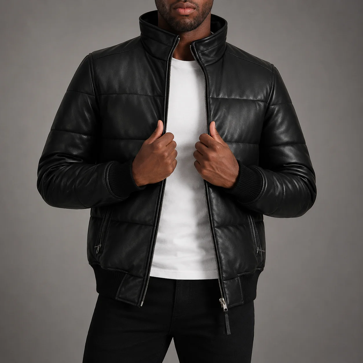 Men's Emerson black leather puffer bomber jacket crafted from premium genuine leather featuring lightweight quilted insulation, sleek black finish, classic bomber silhouette, durable construction, and modern winter style by Jonny N Guys
