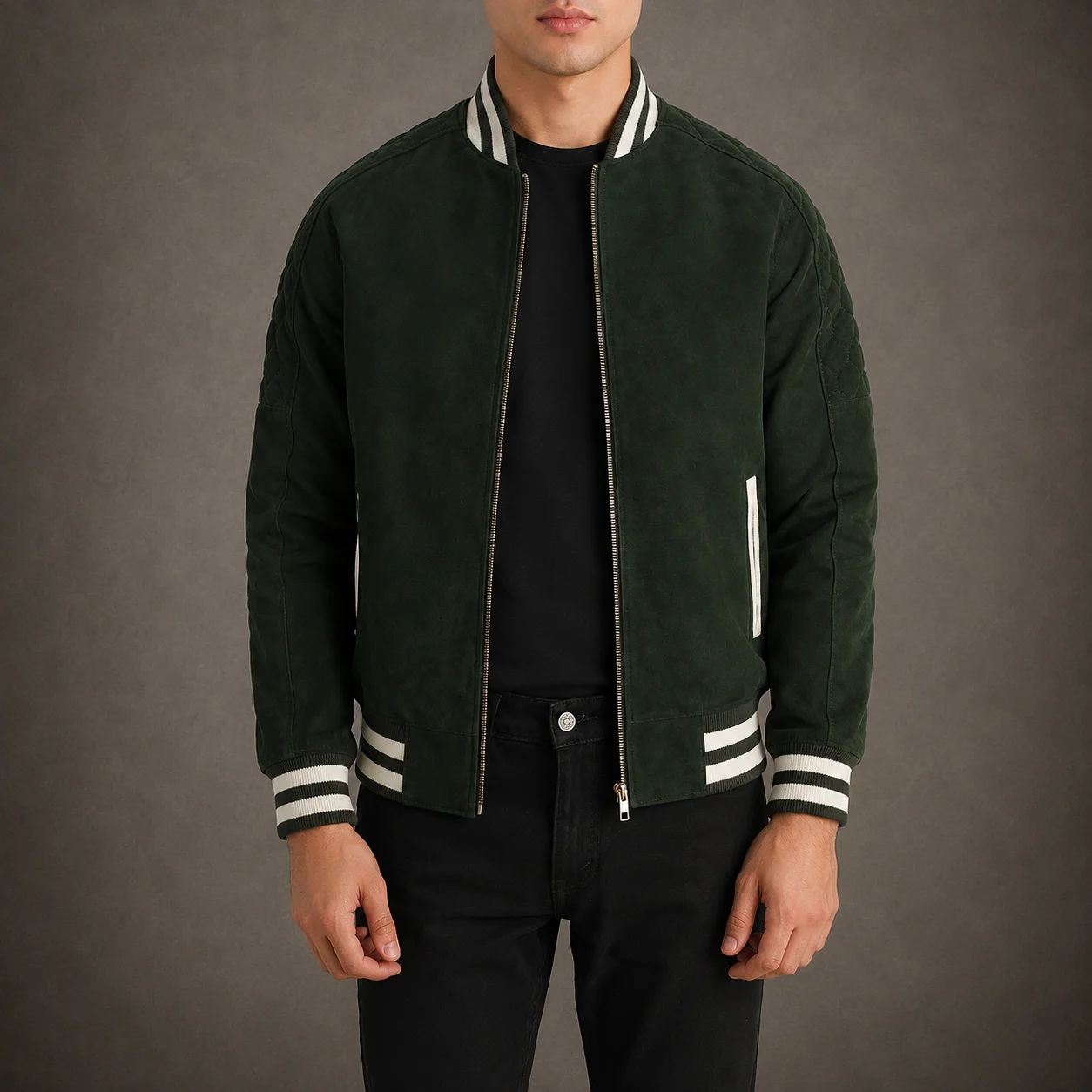 Men's Forest Green Suede Varsity Jacket in Genuine Goatskin Leather